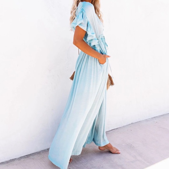 Boho Gauze Button Front Flutter Semi Sheer Maxi Dress Seafoam Blue - Picture 3 of 7